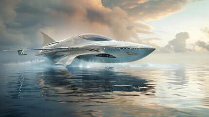 Obraz premium A futuristic boat with wings, soaring above the water