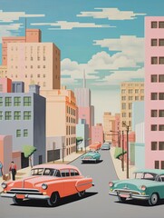 Retro Style Illustration of Vintage Cars and Architecture