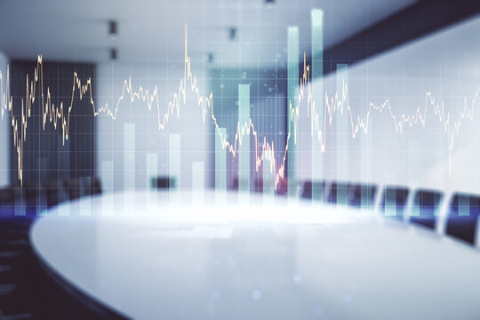 Multi exposure of virtual abstract financial diagram on a modern furnished office interior background, banking and accounting concept - Powered by Adobe