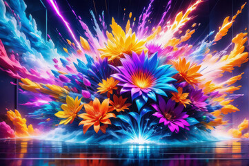 Colorful neon explosions turn into flowers.

