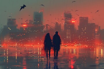 Two People Walking in the Rain With City Skyline in Background