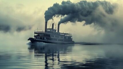 A grand, antique steamboat with smoke billowing from its chimneys