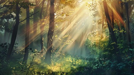 enchanting morning in misty forest sunbeams filtering through trees lush green foliage tranquil nature landscape digital painting