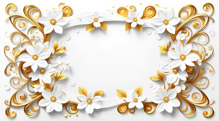Rahmen hell aus floralen nat&uuml;rlichen Ornamenten kurvige Wellen in Gold wei&szlig; mit Fr&uuml;hling Blumen Bl&uuml;ten wei&szlig;er leerer Hintergrund freie Fl&auml;che zur Deko Vorlage Einladung Hochzeit Valentin