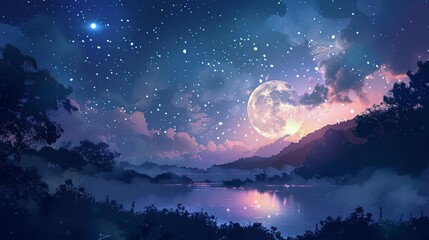 Fototapeta premium enchanting night sky filled with glowing full moon and twinkling stars over tranquil landscape dreamy digital illustration