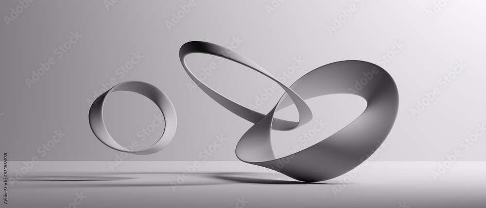 Poster 3d rendering. abstract background of linked twisted rings. curvy blank mobius ribbon. modern white m