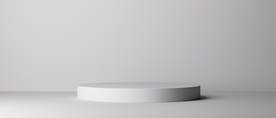 3d render. Abstract background, empty round stage platform or podium. Blank showcase for product presentation. Modern white minimalist wallpaper. Light and shadow