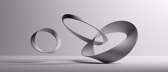 3d rendering. Abstract background of linked twisted rings. Curvy blank mobius ribbon. Modern white...