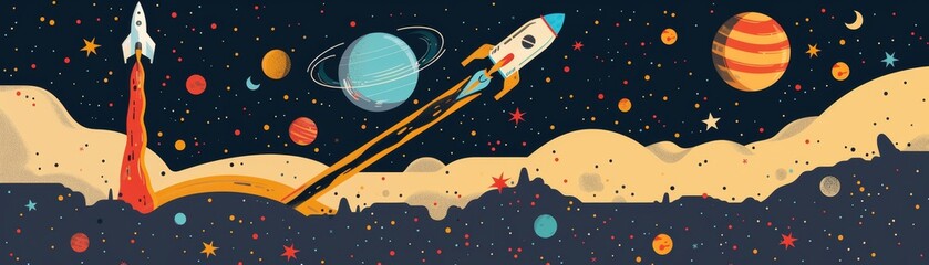 Retro rocketship flies through the stars and planets in outer space.