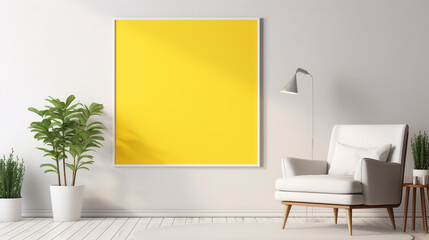 A bright and cheerful living room with sunny yellow accents, a cozy white armchair, and a blank white frame mockup hanging on a colorful gallery wall.