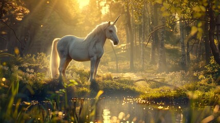 enchanting unicorn gracefully poses in whimsical fairytale landscape fantasy digital painting