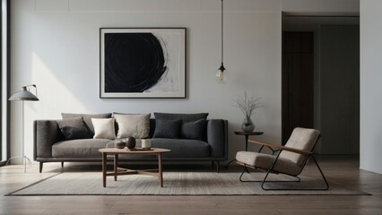 Interior of minimalist modern living room with white wall and abstract artistic art
