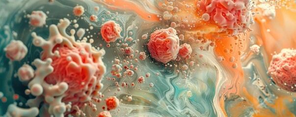 Closeup of contagion spreading under a microscope, Watercolor Style, Soft Colors, High Resolution, Showcasing biological spread