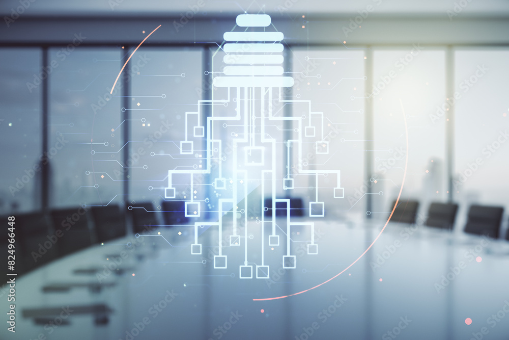 Poster virtual creative light bulb with chip hologram on a modern boardroom background, artificial intellig