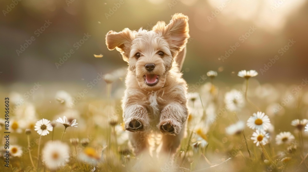 Poster an adorable puppy running through a field of daisies, its ears flapping and a look of pure happiness