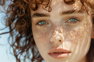 Fototapeta premium Portret przepięknej rudowłosej europejskiej kobiety o jasnej karnacji i piegami. Wyjątkowy i unikatowy typ zimnej urody