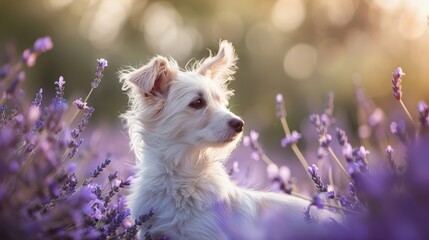 A white dog with floppy ears sits alert in the lavender field, the wind gently rustling its fur and...