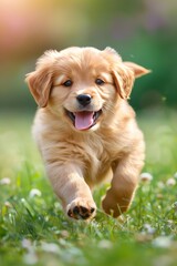 Energetic labrador puppy enjoying sunshine while frolicking in a lush green field