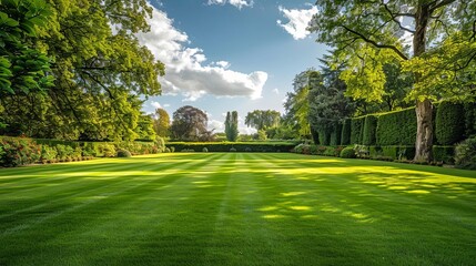 english style garden with hedges and large open green lawn landscape photography
