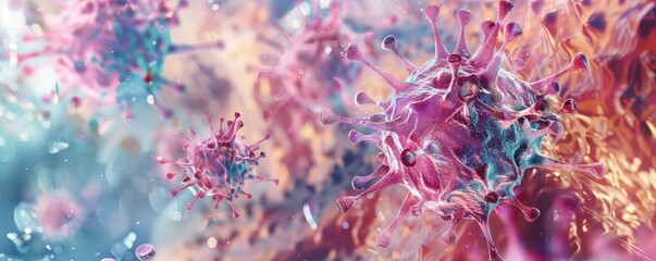 Closeup of epidemic spread under a microscope, Watercolor Style, Soft Colors, High Resolution, Showcasing microbial invasion