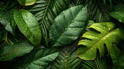 Fototapeta premium Tropical Forest, Close-up of tropical leaves with intricate patterns and textures, glistening with morning dew in the humid forest environment. Realistic Photo,