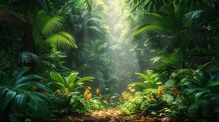 Tropical Forest, Detailed shot of tropical leaves and undergrowth, with sunlight filtering through the canopy, casting dappled light on the forest floor. Realistic Photo,