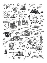 A Playful Doodle Map Tracing the Journey from High School to College A Tale of Anthropomorphic Characters and Symbolic Life Milestones