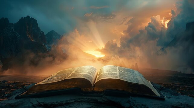 epic cinematic bible presentation book of genesis open on dramatic background