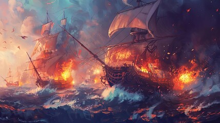 Obraz premium epic pirate ship battle with cannons firing and sails billowing high seas adventure digital painting