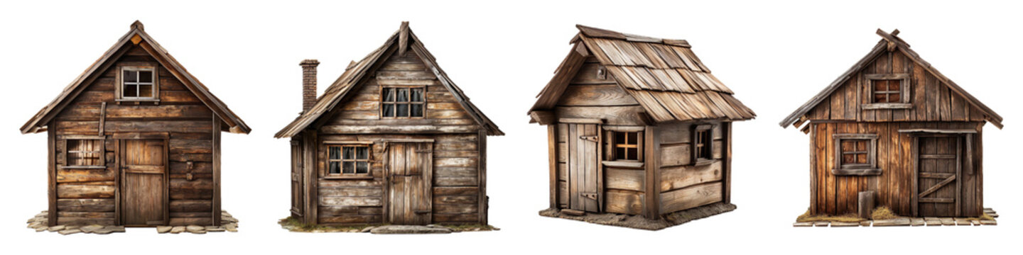 Collection set of old wooden hut isolated on transparent background