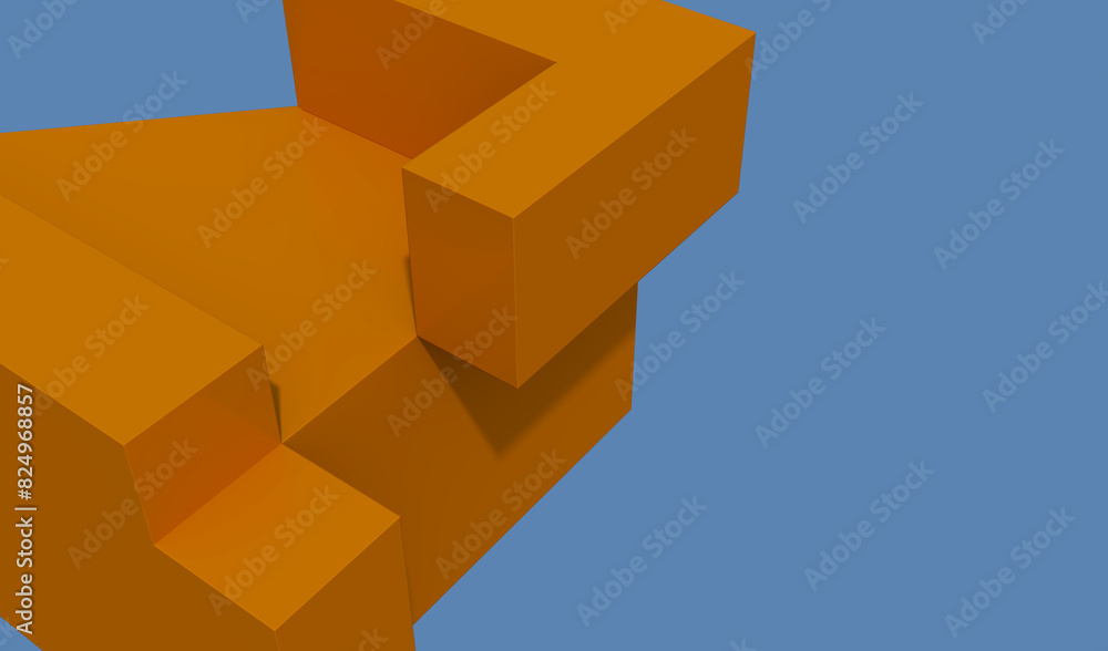 Poster unique 3d geometric orange geometric piece in front of a light blue background. colorful background 