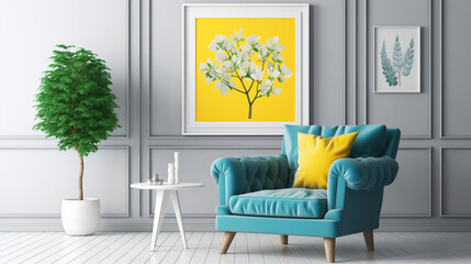 A bright and inviting living room with lemon yellow accents, a cozy teal armchair, and a blank white frame mockup hanging on a colorful gallery wall.