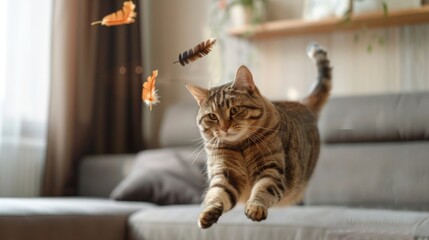 An overweight cat playfully chasing a feather toy in a modern living room, showing its playful side despite its size.
