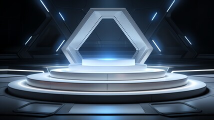 Fototapeta premium Futuristic sci-fi podium, neon lights, and dark shadows, perfect for innovative technology or virtual presentation.