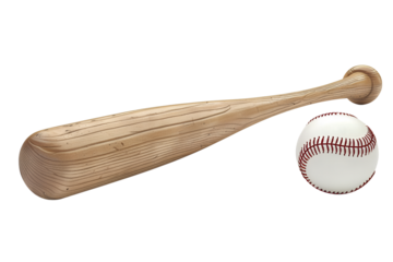 Baseball bat and ball, isolated on transparent background. Wooden stick for baseball hitting and pitching. American sport game championship