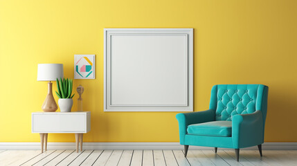 A bright and inviting living room with lemon yellow accents, a cozy teal armchair, and a blank white frame mockup hanging on a colorful gallery wall.