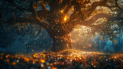 Beautiful big tree with leafs and glowers on it. Generative AI illustration