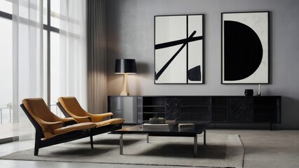 Interior of minimalist modern living room with white wall and abstract artistic art