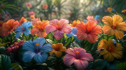 Tropical Forest, A variety of tropical flowers in full bloom, with insects buzzing around the petals, capturing the dynamic life of the forest. Realistic Photo,