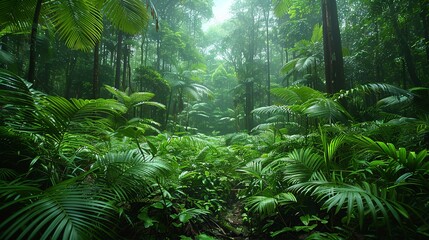 Tropical Forest, A wide shot of a tropical forest with tall trees, thick underbrush, and a variety...