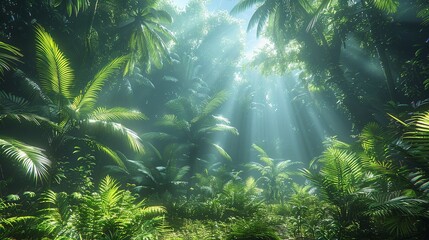 Tropical Forest, Bushes and undergrowth in a tropical forest, with sunlight filtering through the dense foliage, creating a serene and tranquil scene. Realistic Photo,