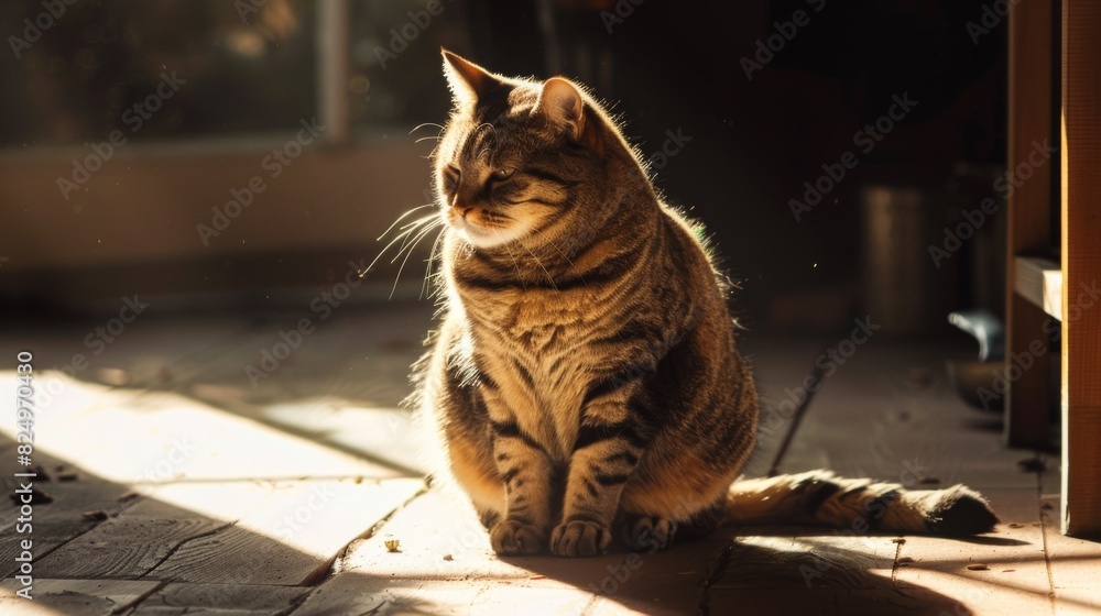 Poster An overweight cat sitting in a patch of sunlight, its fur illuminated and creating a warm, inviting scene.