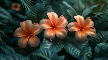 Obraz premium Tropical Forest, Close-up of delicate tropical flowers blooming among the dense undergrowth, with insects pollinating the vibrant petals. Realistic Photo,