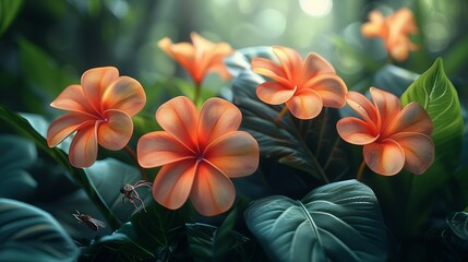 Tropical Forest, Close-up of delicate tropical flowers blooming among the dense undergrowth, with insects pollinating the vibrant petals. Realistic Photo,