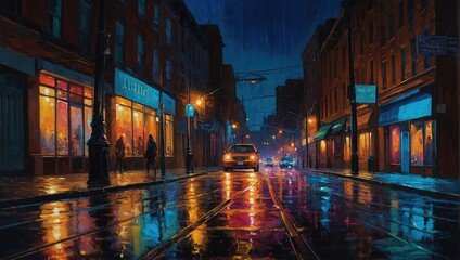 A captivating painting of a rainy street at night