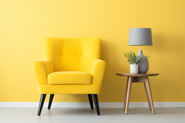 A bright yellow accent chair in a modern living room, with a simple glass-top side table and a blank white frame mockup on the wall.