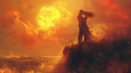 Silhouette of a couple kissing in moonlight over misty water, romantic fantasy scene
