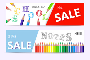 Back to school Sale vector banners. Background design with color pencils and school playground. Kids hand drawn flat design for poster , wallpaper, website and cover template.