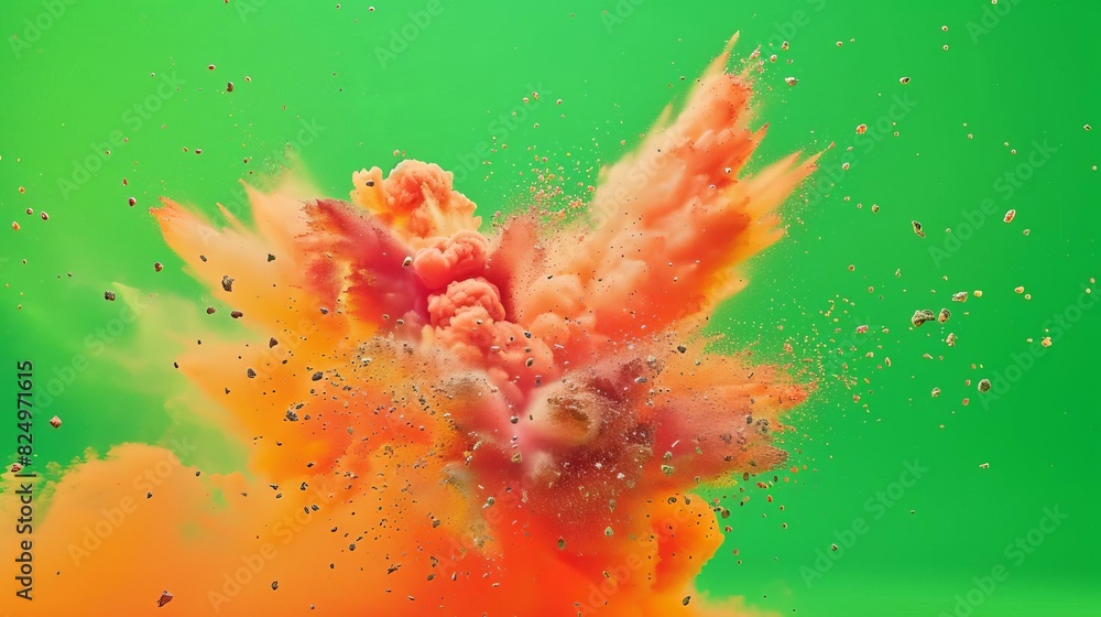 Poster explosive burst of colorful powder on green screen chromakey background dynamic abstract backdrop
