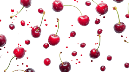 A bunch of cherries suspended mid-air, appearing weightless and defying gravity